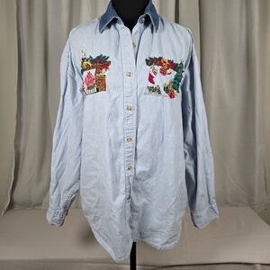 Solutions Original Christmas Embroidered Shirt Medium Vintage Holiday Top